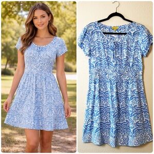 Roberta Roller Rabbit Printed Blue Cotton Mini Dress Sundress Summer Lightweight